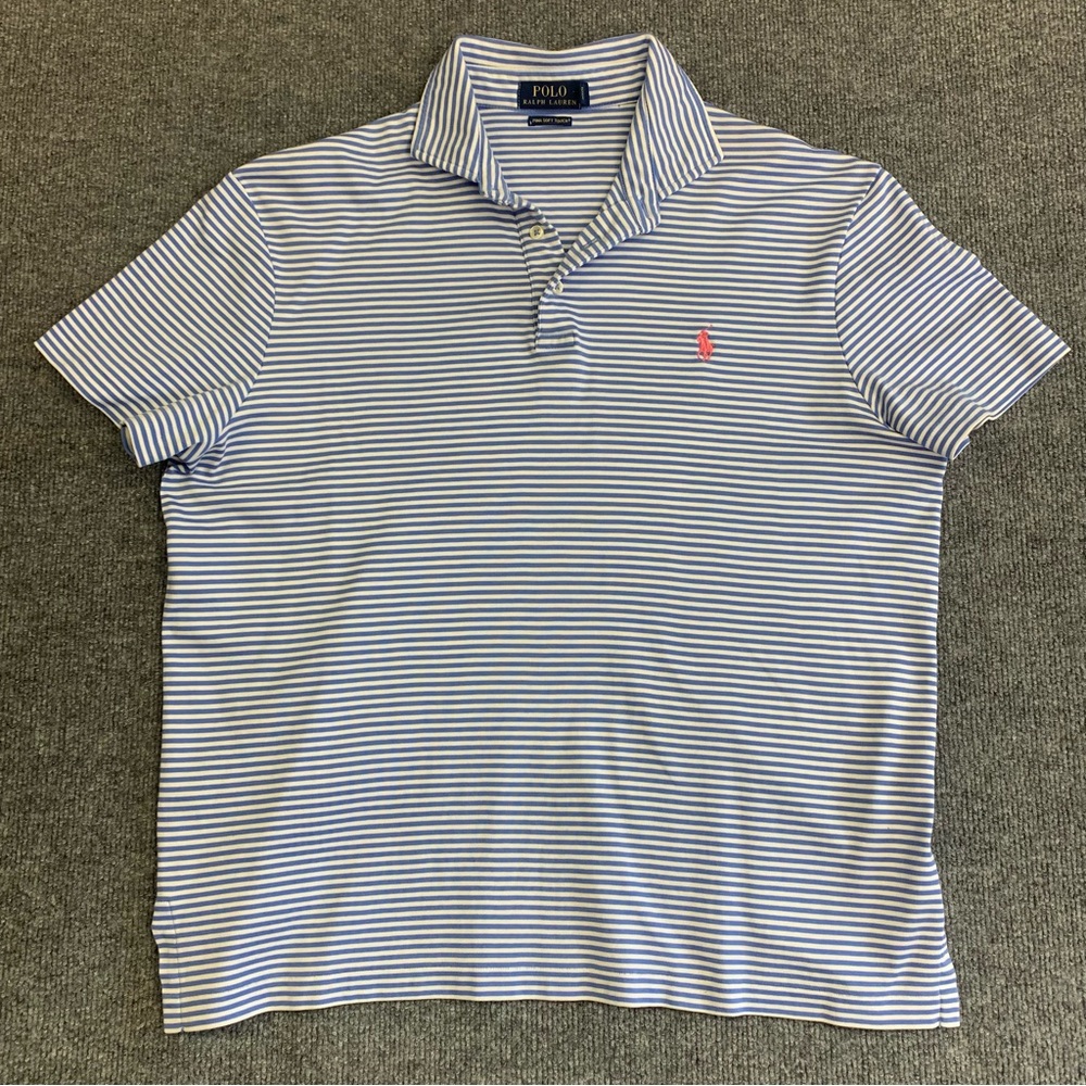 Polo by Ralph Lauren Light Blue & White Striped Polo with Pink Logo